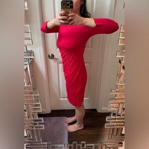 Pink, Ruched, Midi Dress, Size M, 3/4 length sleeves